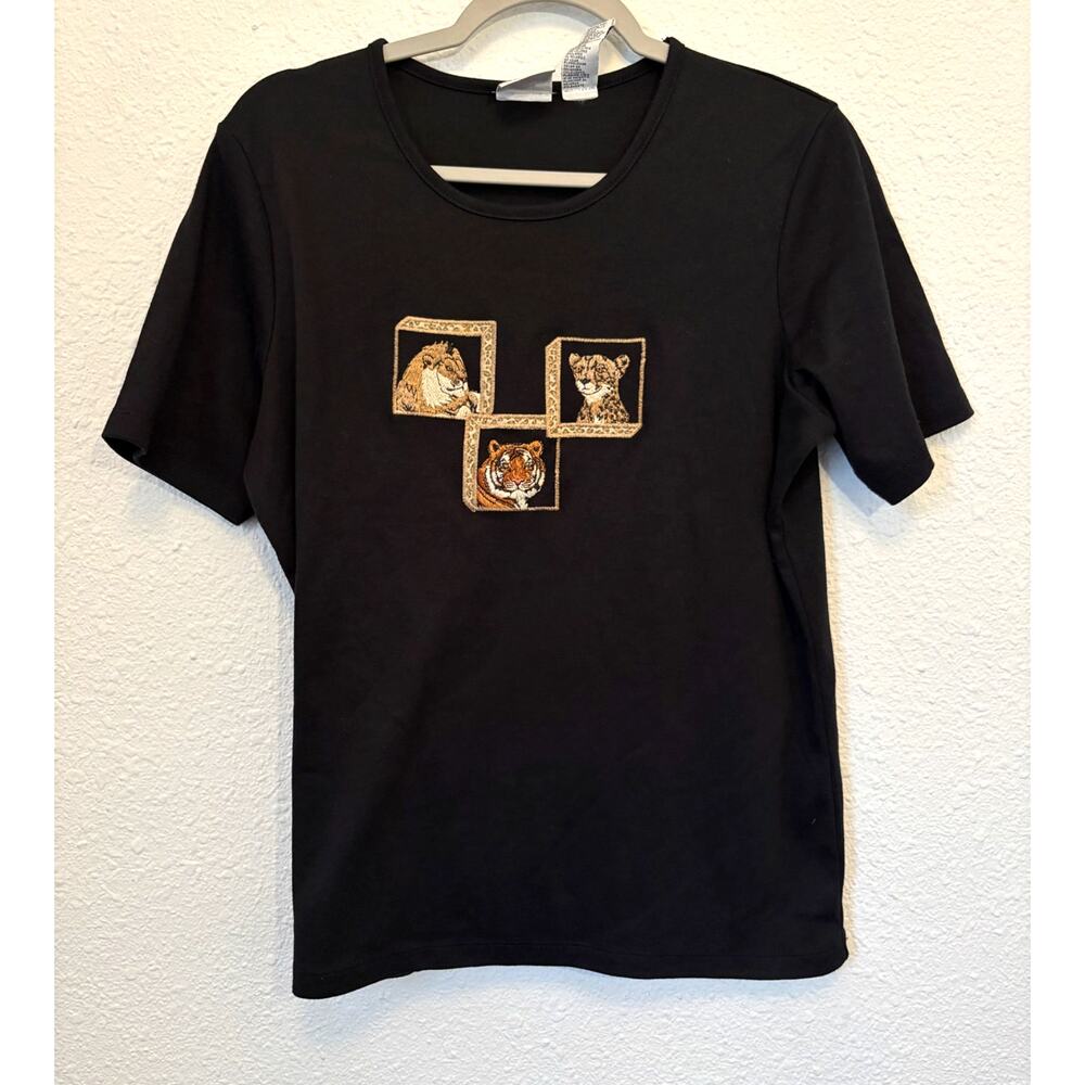 Vintage Jungle Cat T-Shirt Black Short Sleeve Large 90s Lion Tiger Cheetah